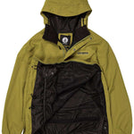 Volcom Longo Shell Pullover Jacket 2024 - A green jacket with a hood, featuring a zipper and snap buttons down the front.