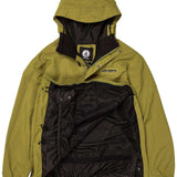 Volcom Longo Shell Pullover Jacket 2024 - A green jacket with a hood, featuring a zipper and snap buttons down the front.