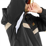 Volcom Longo Shell Pullover Jacket - A black jacket with a tan stripe on the left arm and chest, featuring a zipper closure.