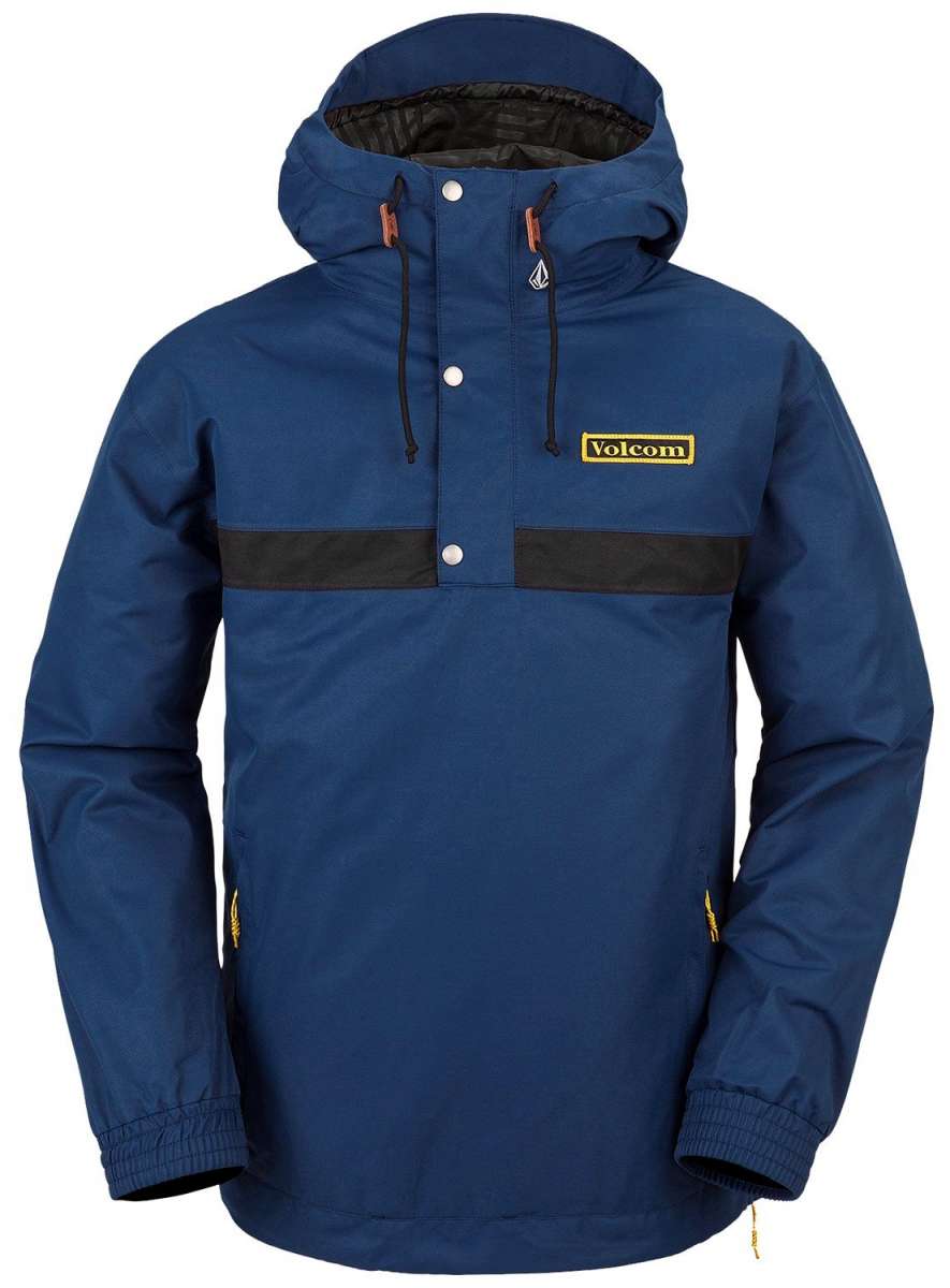 Volcom Longo Shell Pullover Jacket - A navy blue jacket with a black stripe across the chest and white buttons down the front.