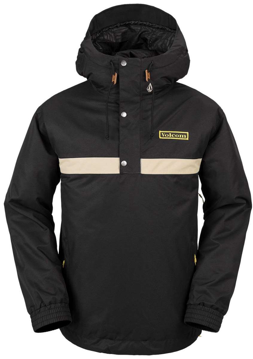 Volcom Longo Shell Pullover Jacket 2024 - A black jacket with a hood, featuring two zippered pockets on the front and a snap-button closure at the top.