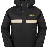 Volcom Longo Shell Pullover Jacket 2024 - A black jacket with a hood, featuring two zippered pockets on the front and a snap-button closure at the top.