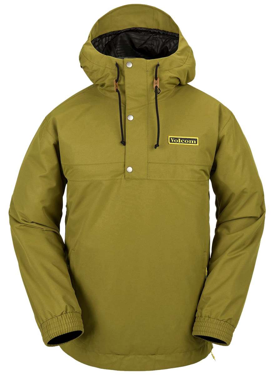 Volcom Longo Shell Pullover Jacket 2024 - A green jacket with a hood, featuring a zippered front and two pockets on either side.