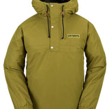 Volcom Longo Shell Pullover Jacket 2024 - A green jacket with a hood, featuring a zippered front and two pockets on either side.