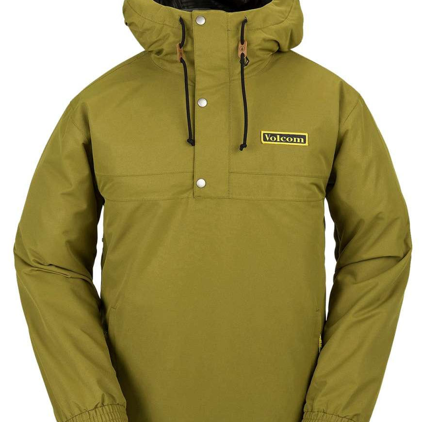 Volcom Longo Shell Pullover Jacket 2024 - A green jacket with a hood, featuring a zippered front and two pockets on either side.