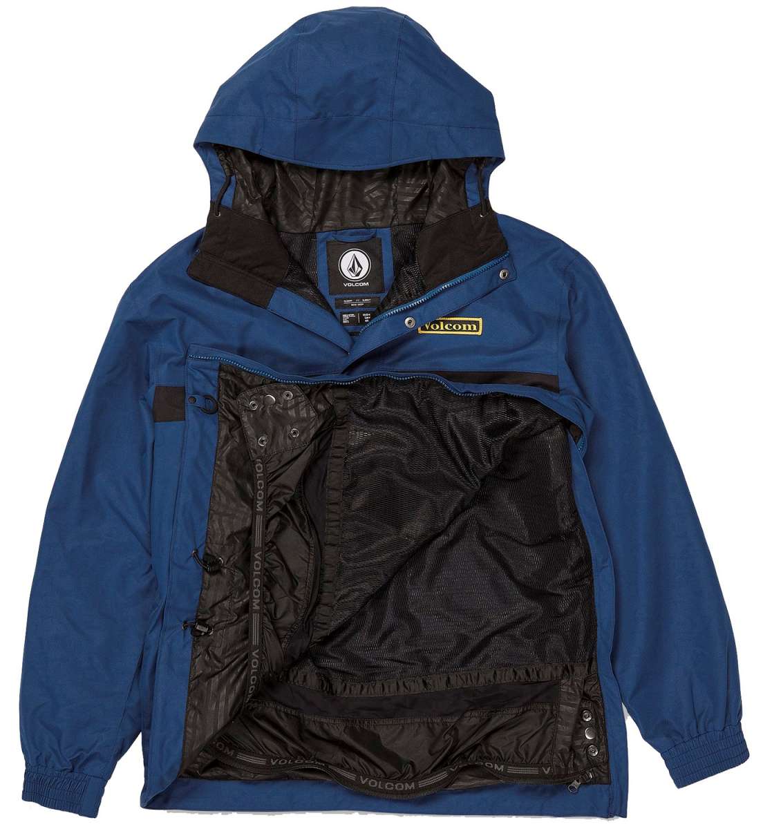 Volcom Longo Shell Pullover Jacket - A blue jacket with a hood, featuring a zipper and snap buttons down the front.