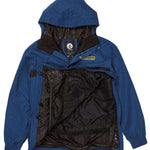 Volcom Longo Shell Pullover Jacket - A blue jacket with a hood, featuring a zipper and snap buttons down the front.