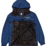 Volcom Longo Shell Pullover Jacket - A blue jacket with a hood, featuring a zipper and snap buttons down the front.