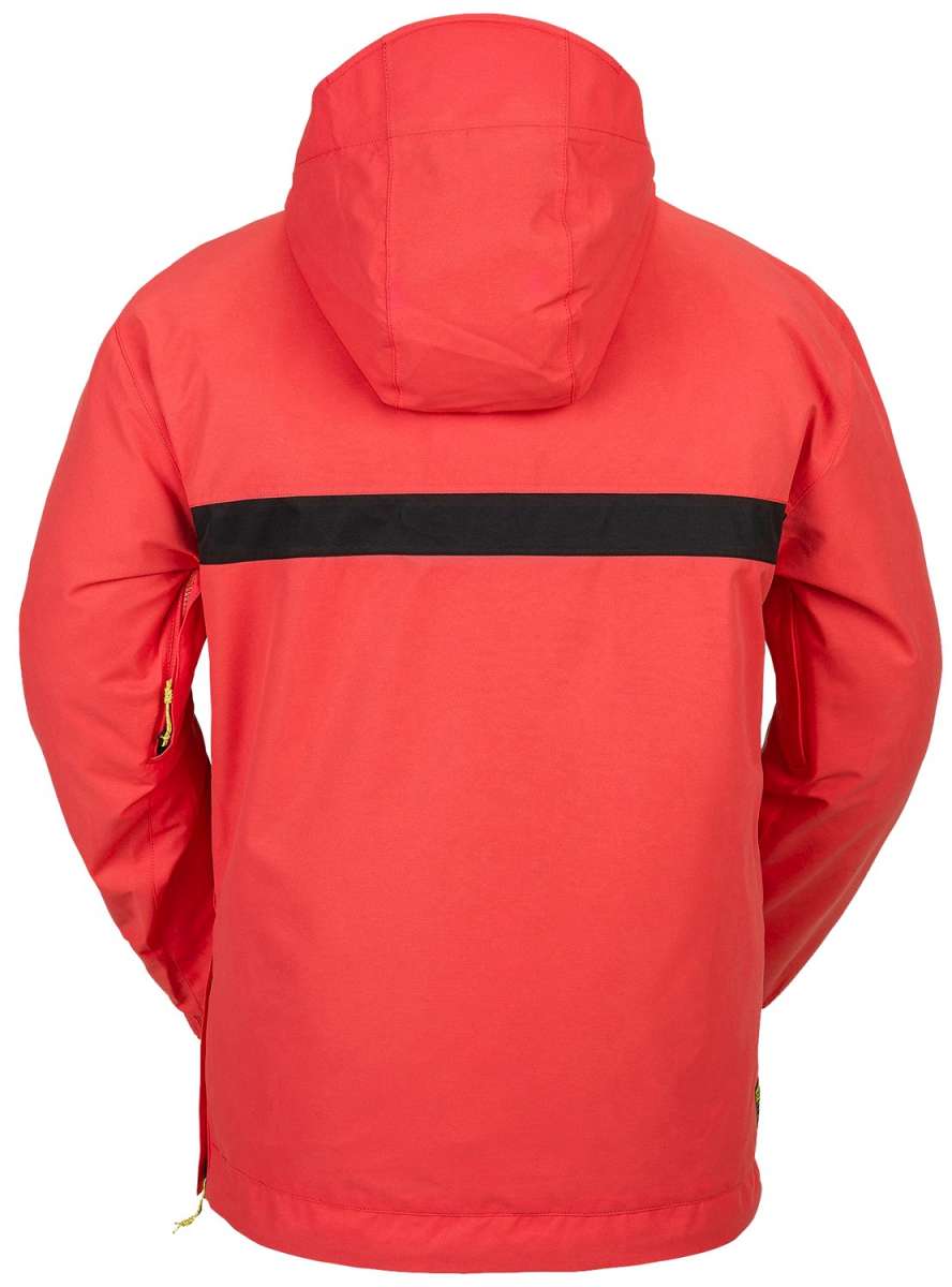 Volcom Longo Shell Pullover Jacket - A coral-colored jacket with a black stripe across the chest and gold zippers on the pockets.