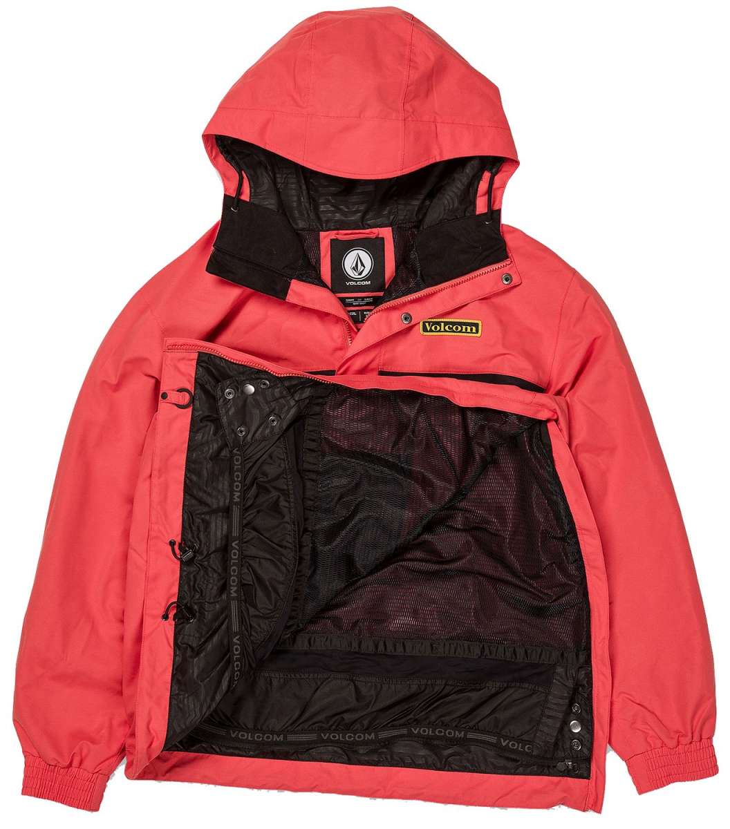 Volcom Longo Shell Pullover Jacket 2024 - A coral-colored jacket with a hood, featuring a black zipper and two zippered pockets on the front.