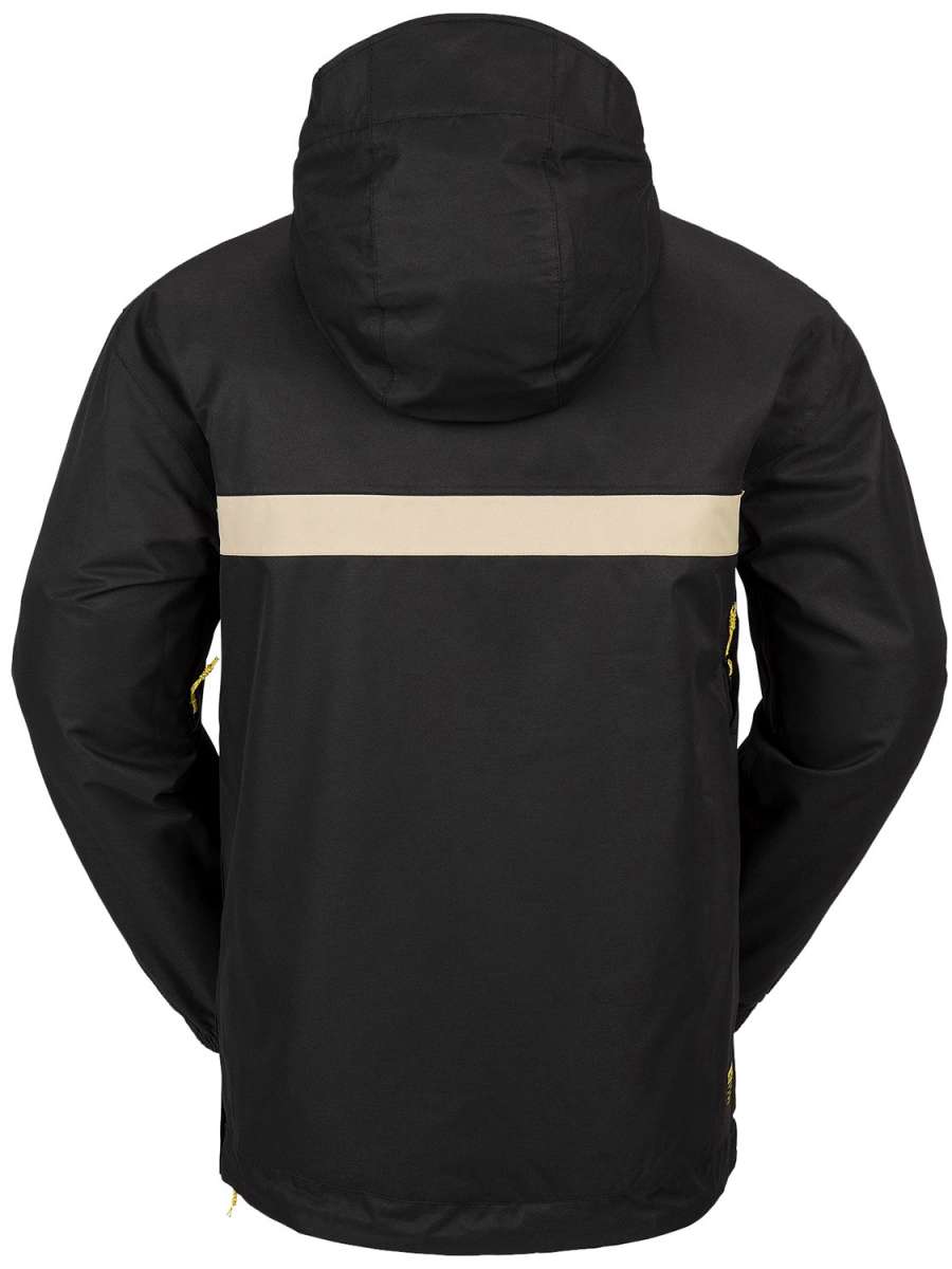 Volcom Longo Shell Pullover Jacket 2024 - A black jacket with a tan stripe across the chest and yellow drawstrings on the side pockets.