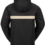 Volcom Longo Shell Pullover Jacket 2024 - A black jacket with a tan stripe across the chest and yellow drawstrings on the side pockets.