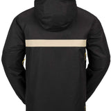 Volcom Longo Shell Pullover Jacket 2024 - A black jacket with a tan stripe across the chest and yellow drawstrings on the side pockets.