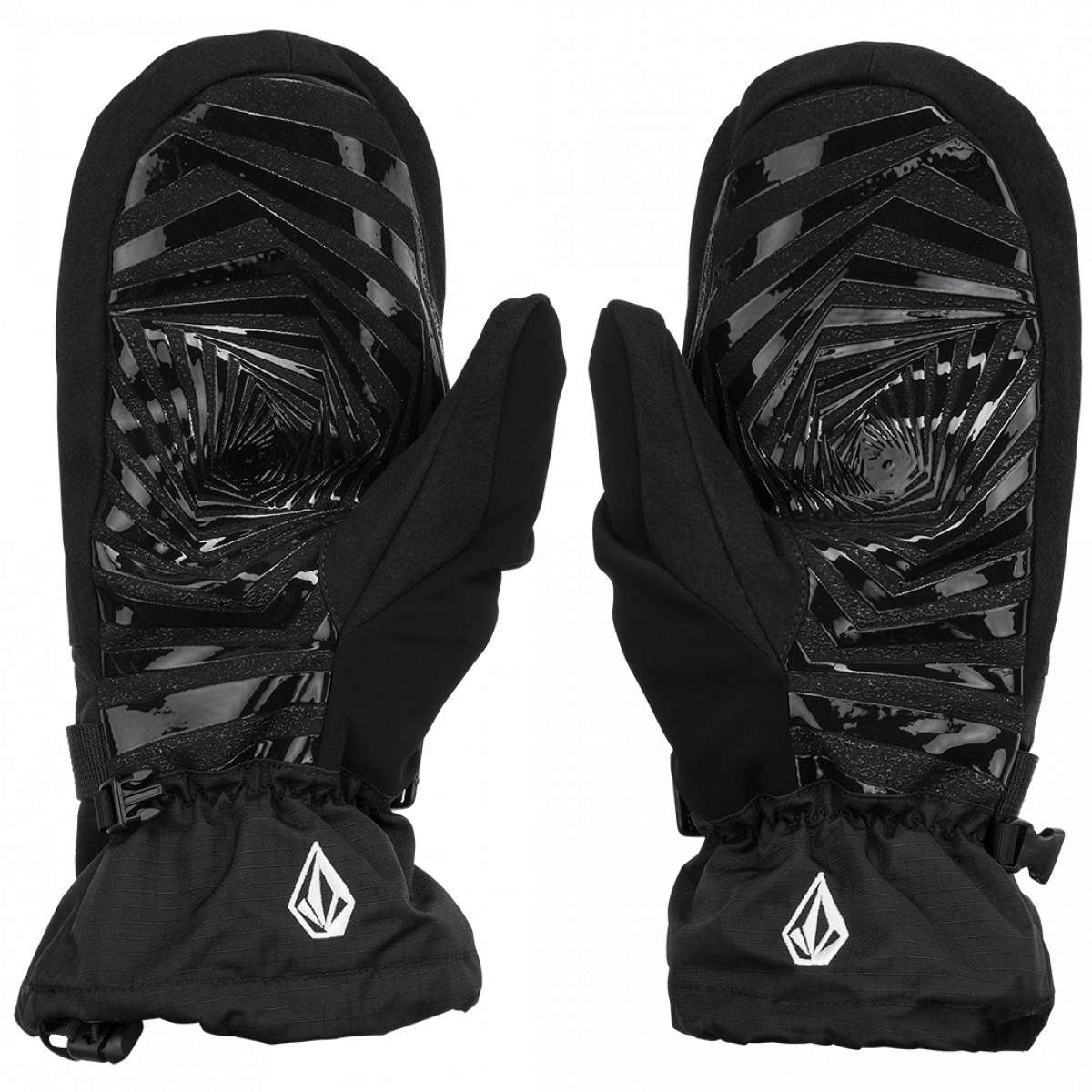 Volcom Millicent Mittens - Black mittens with a geometric pattern on the back of each hand, featuring a strap closure and a reflective logo at the wrist.