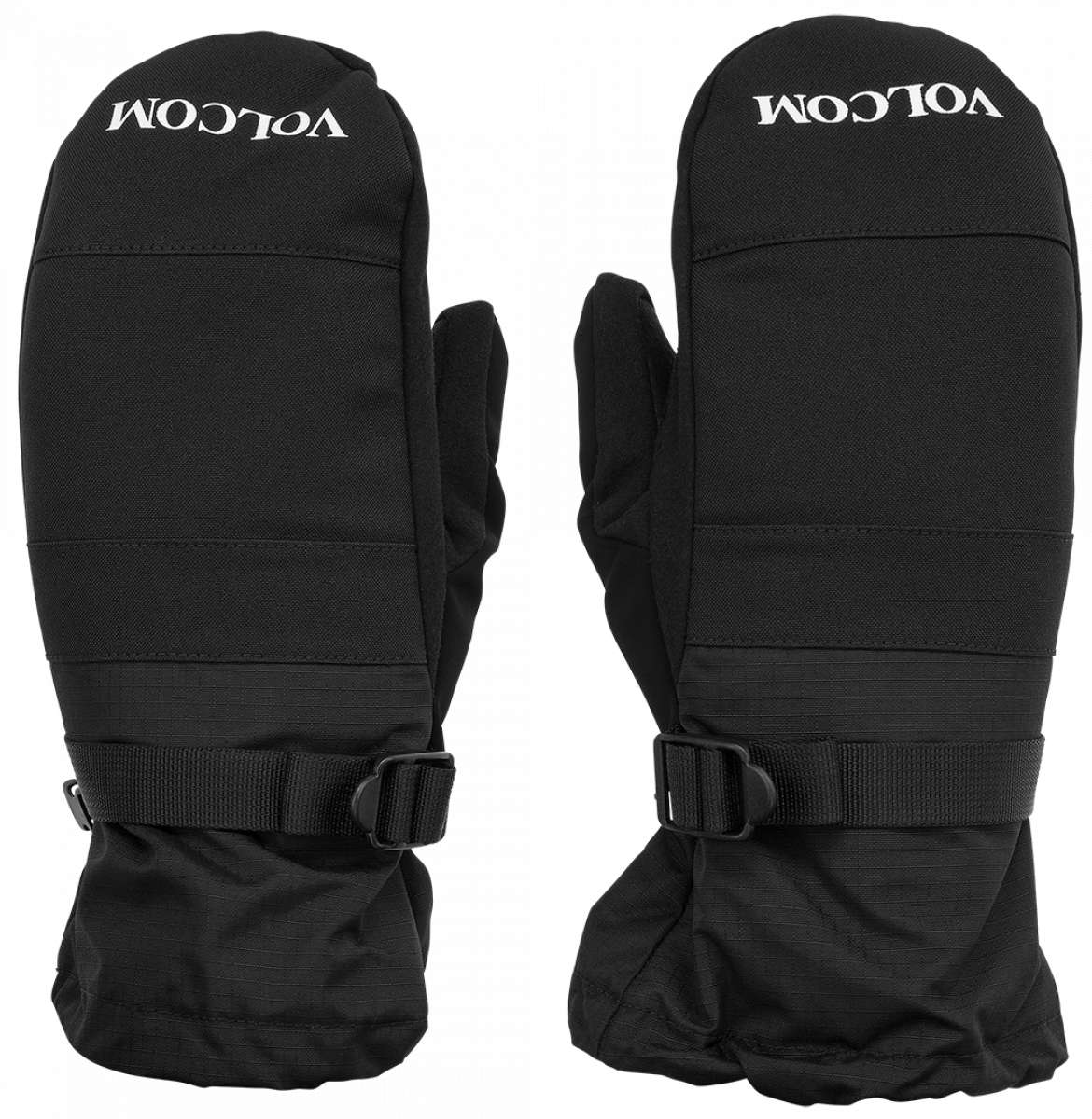 Volcom Millicent Mittens - Black mittens with a textured pattern on the palm and thumb, featuring a Velcro strap closure.