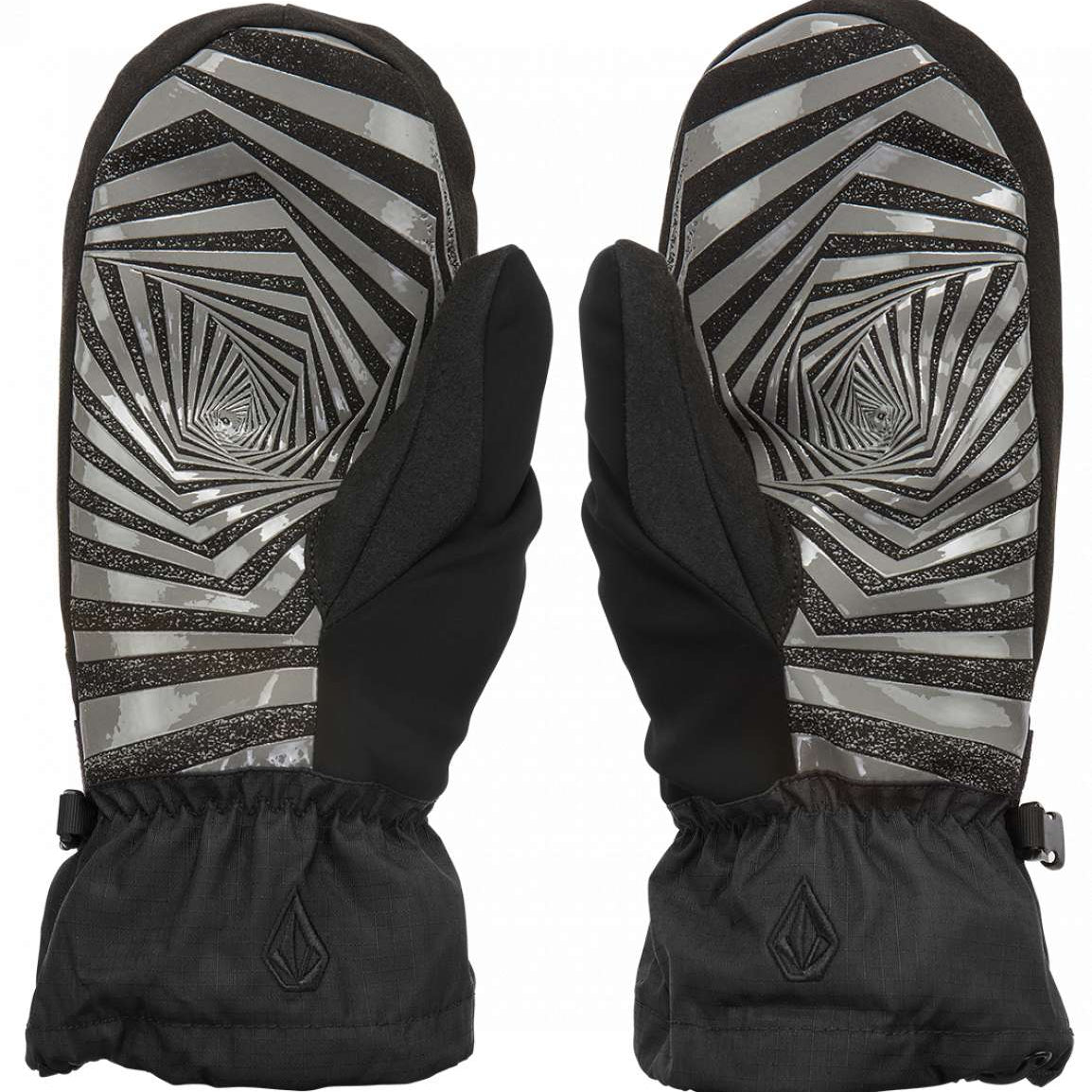 Volcom Millicent Mittens - Pair of black mittens with a gray and white geometric pattern on the palms, featuring a textured fabric and a small logo at the wrist.