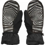 Volcom Millicent Mittens - Pair of black mittens with a gray and white geometric pattern on the palms, featuring a textured fabric and a small logo at the wrist.