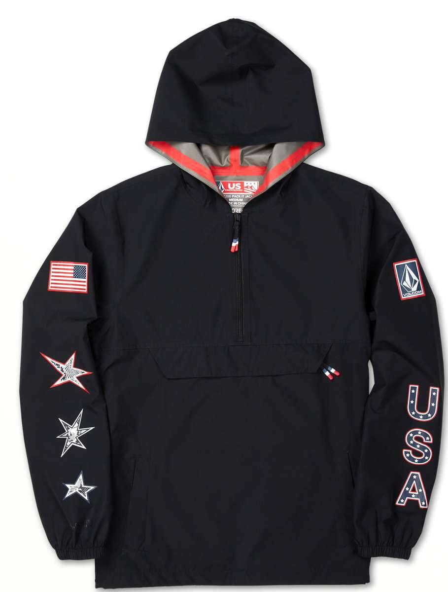 Volcom Pack It USA GORE-TEX Jacket 2022 - A black jacket with a hood, featuring an American flag patch on the left sleeve and a Volcom logo patch on the right sleeve.