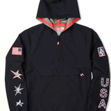 Volcom Pack It USA GORE-TEX Jacket 2022 - A black jacket with a hood, featuring an American flag patch on the left sleeve and a Volcom logo patch on the right sleeve.