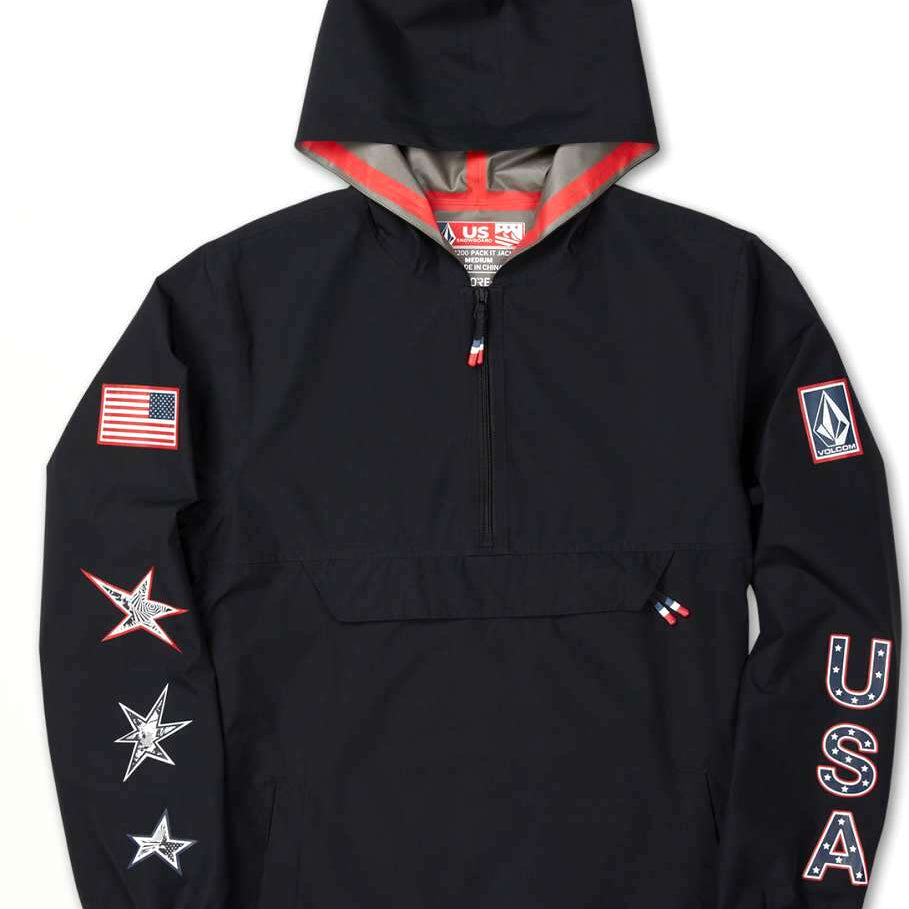 Volcom Pack It USA GORE-TEX Jacket 2022 - A black jacket with a hood, featuring an American flag patch on the left sleeve and a Volcom logo patch on the right sleeve.