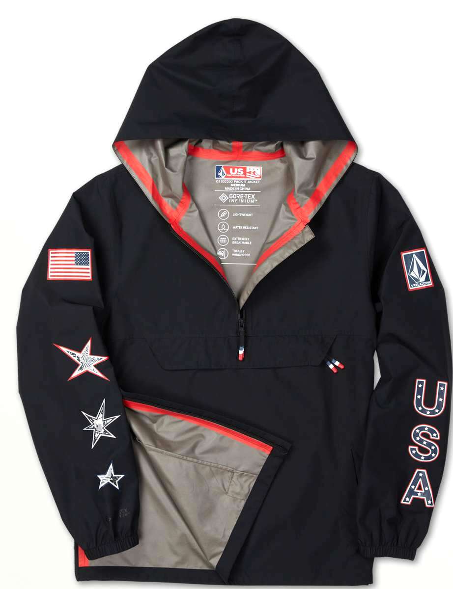 Volcom Pack It USA GORE-TEX Jacket - A black jacket with red trim and a hood, featuring an American flag patch on the left sleeve.