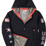 Volcom Pack It USA GORE-TEX Jacket - A black jacket with red trim and a hood, featuring an American flag patch on the left sleeve.