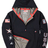 Volcom Pack It USA GORE-TEX Jacket - A black jacket with red trim and a hood, featuring an American flag patch on the left sleeve.