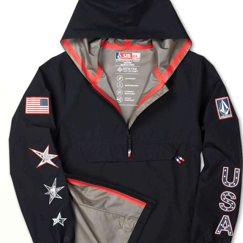 Volcom Pack It USA GORE-TEX Jacket - A black jacket with red trim and a hood, featuring an American flag patch on the left sleeve.