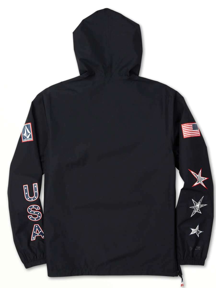 Volcom Pack It USA GORE-TEX Jacket 2022 - A black jacket with a hood, featuring an American flag patch on the left sleeve and a Volcom logo patch on the right sleeve.