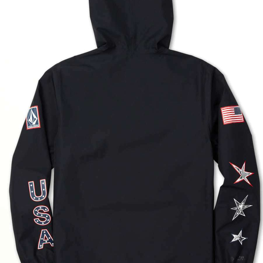 Volcom Pack It USA GORE-TEX Jacket 2022 - A black jacket with a hood, featuring an American flag patch on the left sleeve and a Volcom logo patch on the right sleeve.
