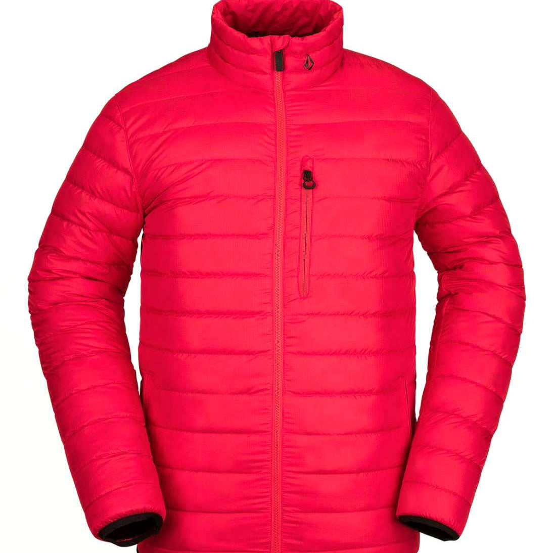 Volcom Puff Puff Give Insulated Jacket - A red insulated jacket with a zippered chest pocket and black zipper pulls.