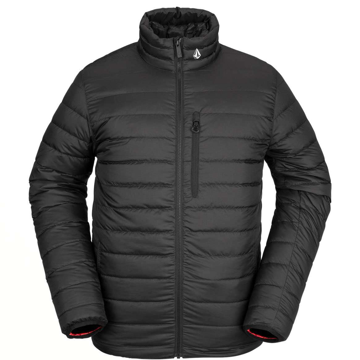 Volcom Puff Puff Give Insulated Jacket - A black insulated jacket with a high collar and zippered chest pocket, featuring a small white logo on the upper left side of the neck.