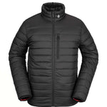 Volcom Puff Puff Give Insulated Jacket - A black insulated jacket with a high collar and zippered chest pocket, featuring a small white logo on the upper left side of the neck.