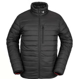 Volcom Puff Puff Give Insulated Jacket - A black insulated jacket with a high collar and zippered chest pocket, featuring a small white logo on the upper left side of the neck.