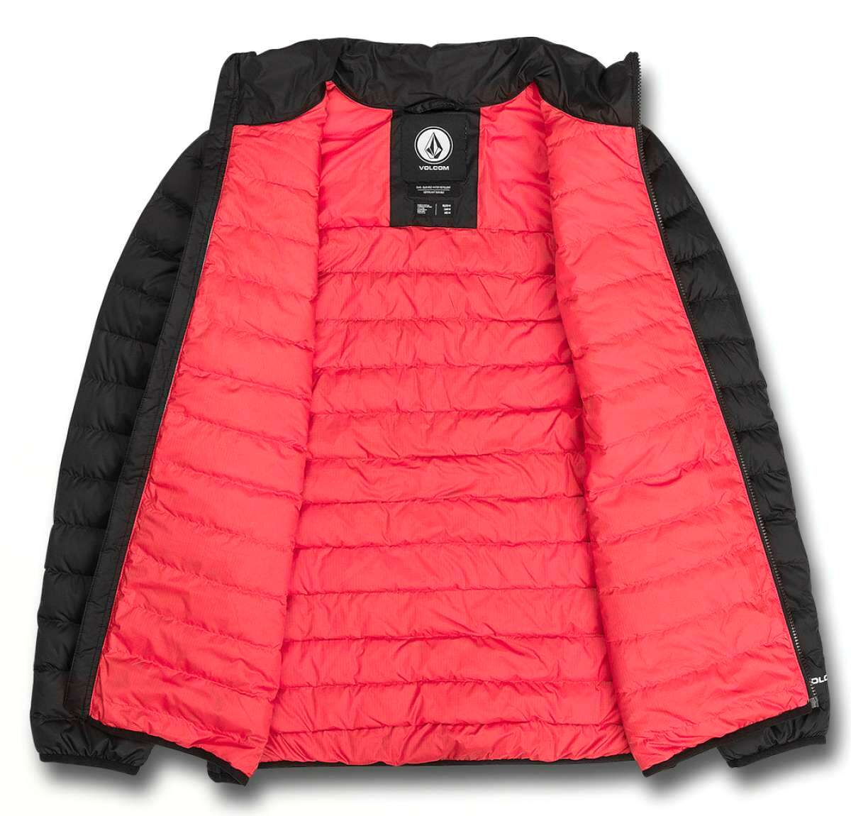 Volcom Puff Puff Give Insulated Jacket - A black insulated jacket with a white logo on the chest and a zipper down the front.