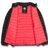Volcom Puff Puff Give Insulated Jacket - A black insulated jacket with a white logo on the chest and a zipper down the front.