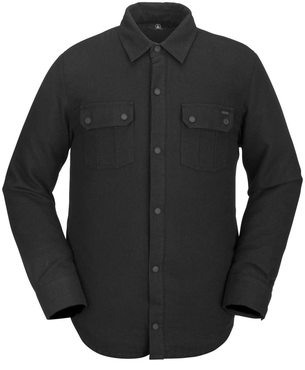 Volcom Sherpa Flannel Jacket - A dark gray flannel jacket with a subtle sheen, featuring a classic collar and two chest pockets adorned with small buttons.