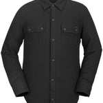 Volcom Sherpa Flannel Jacket - A dark gray flannel jacket with a subtle sheen, featuring a classic collar and two chest pockets adorned with small buttons.