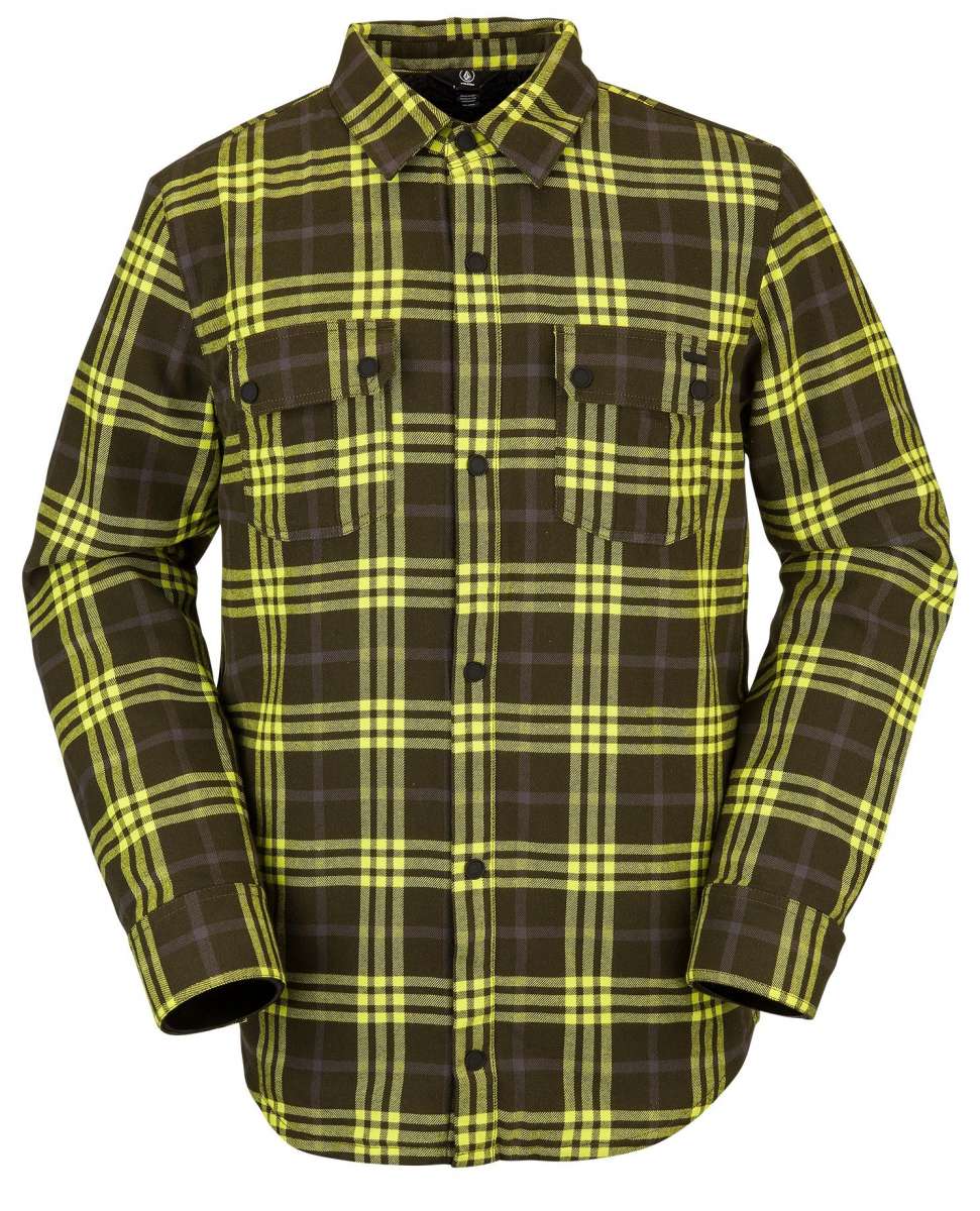 Volcom Sherpa Flannel Jacket - A brown flannel jacket with a subtle plaid pattern and a distinctive sherpa fleece lining visible on the inside of the collar.
