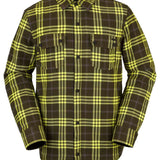 Volcom Sherpa Flannel Jacket - A brown flannel jacket with a subtle plaid pattern and a distinctive sherpa fleece lining visible on the inside of the collar.