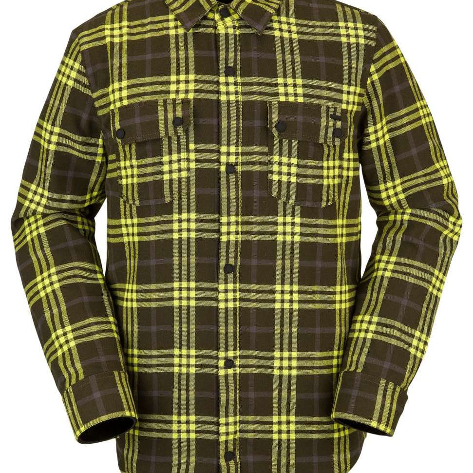 Volcom Sherpa Flannel Jacket - A brown flannel jacket with a subtle plaid pattern and a distinctive sherpa fleece lining visible on the inside of the collar.