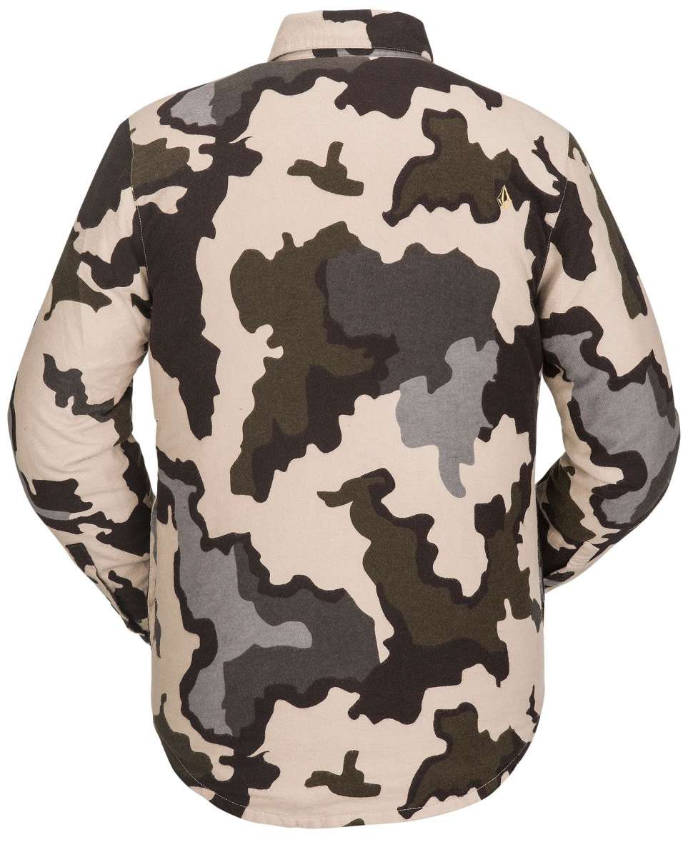 Volcom Sherpa Flannel Jacket - A tan flannel jacket with a dark brown and black abstract pattern, featuring a high collar and long sleeves.