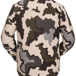 Volcom Sherpa Flannel Jacket - A tan flannel jacket with a dark brown and black abstract pattern, featuring a high collar and long sleeves.