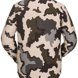 Volcom Sherpa Flannel Jacket - A tan flannel jacket with a dark brown and black abstract pattern, featuring a high collar and long sleeves.