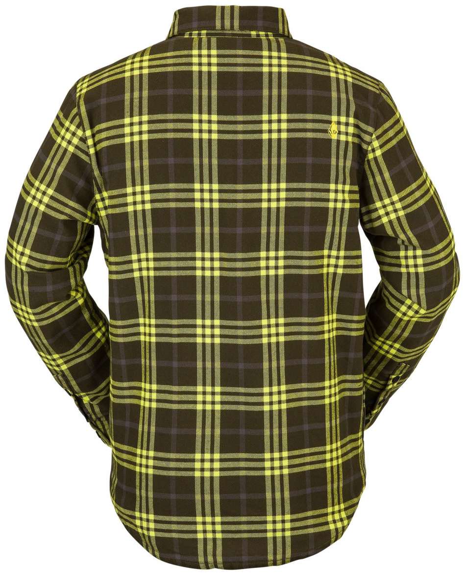 Volcom Sherpa Flannel Jacket - A dark brown flannel jacket with a subtle plaid pattern and a small embroidered logo on the left chest.