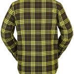 Volcom Sherpa Flannel Jacket - A dark brown flannel jacket with a subtle plaid pattern and a small embroidered logo on the left chest.