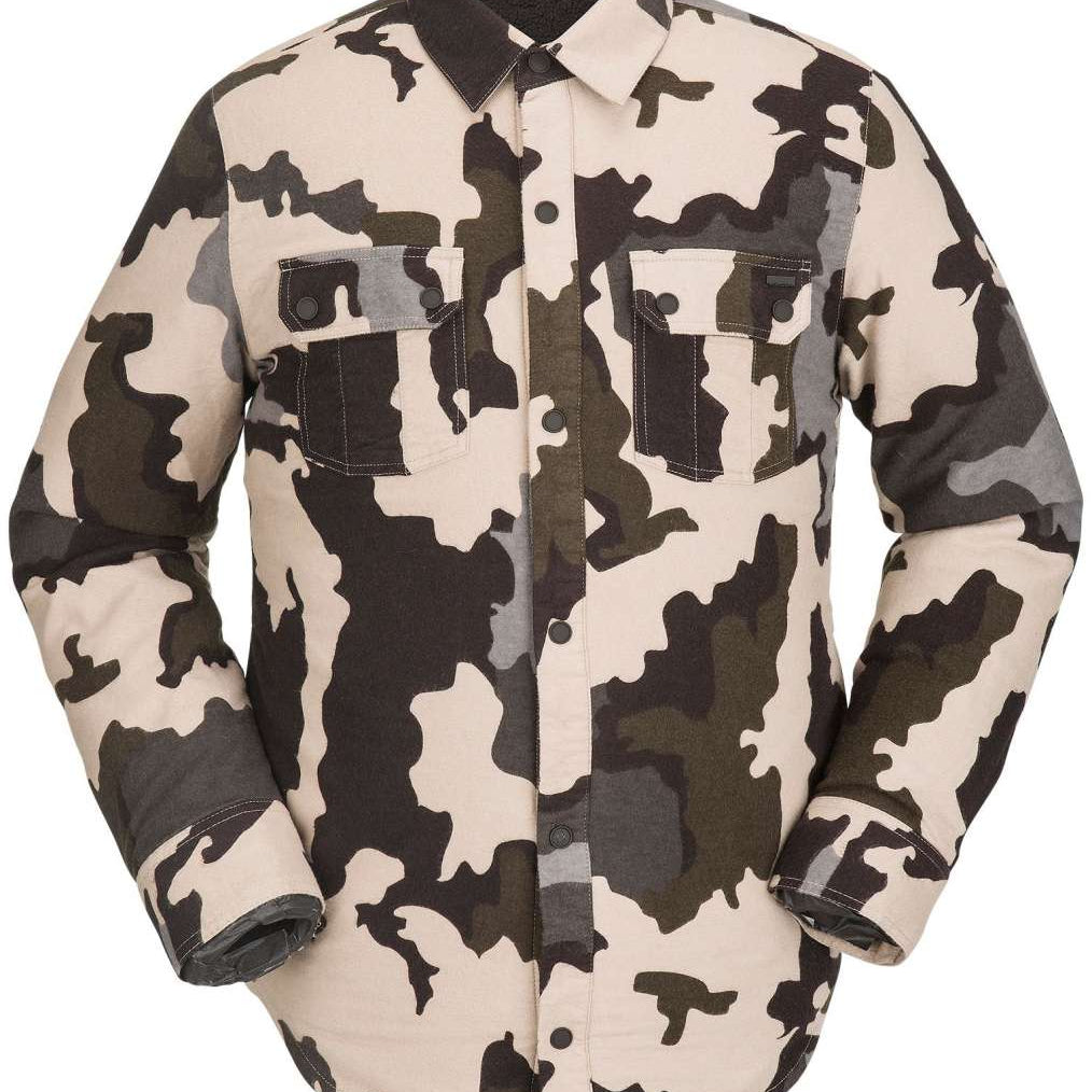 Volcom Sherpa Flannel Jacket - A cream-colored flannel jacket with a subtle, dark brown and gray abstract pattern.