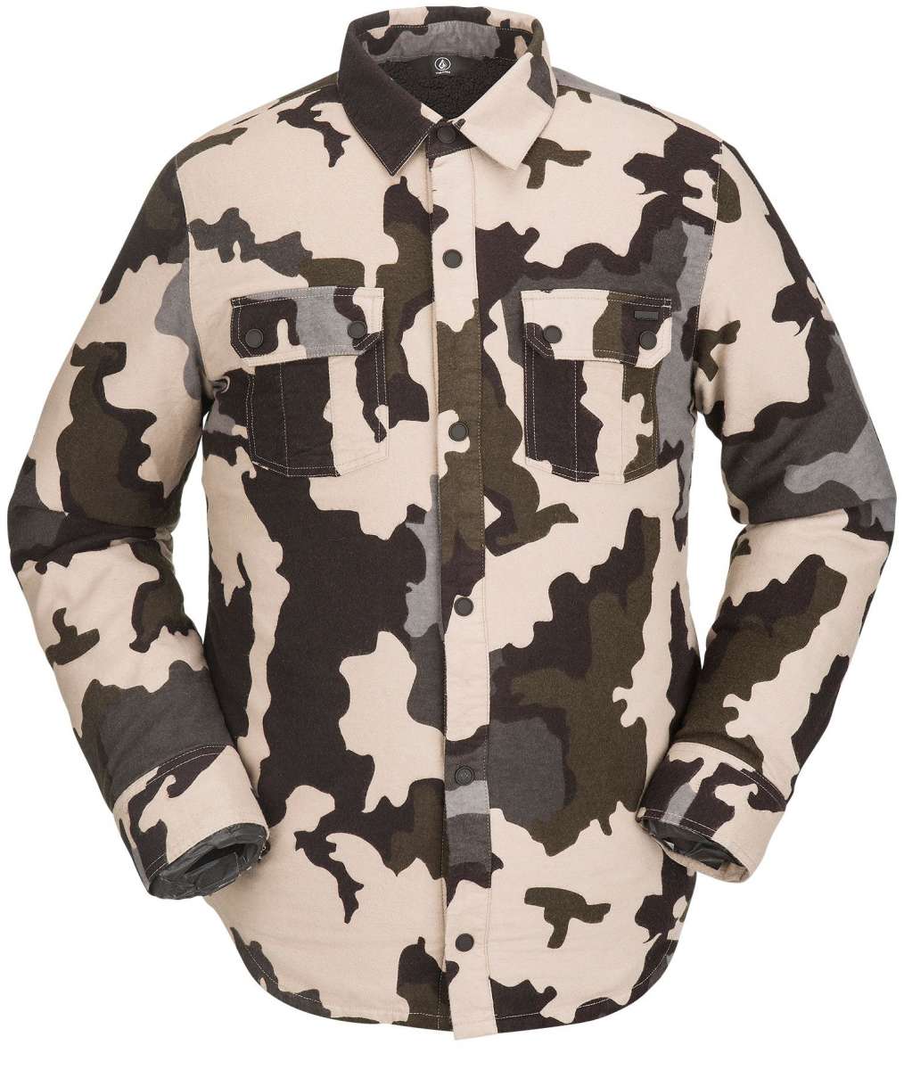 Volcom Sherpa Flannel Jacket - A cream-colored flannel jacket with a subtle, dark brown and gray abstract pattern.