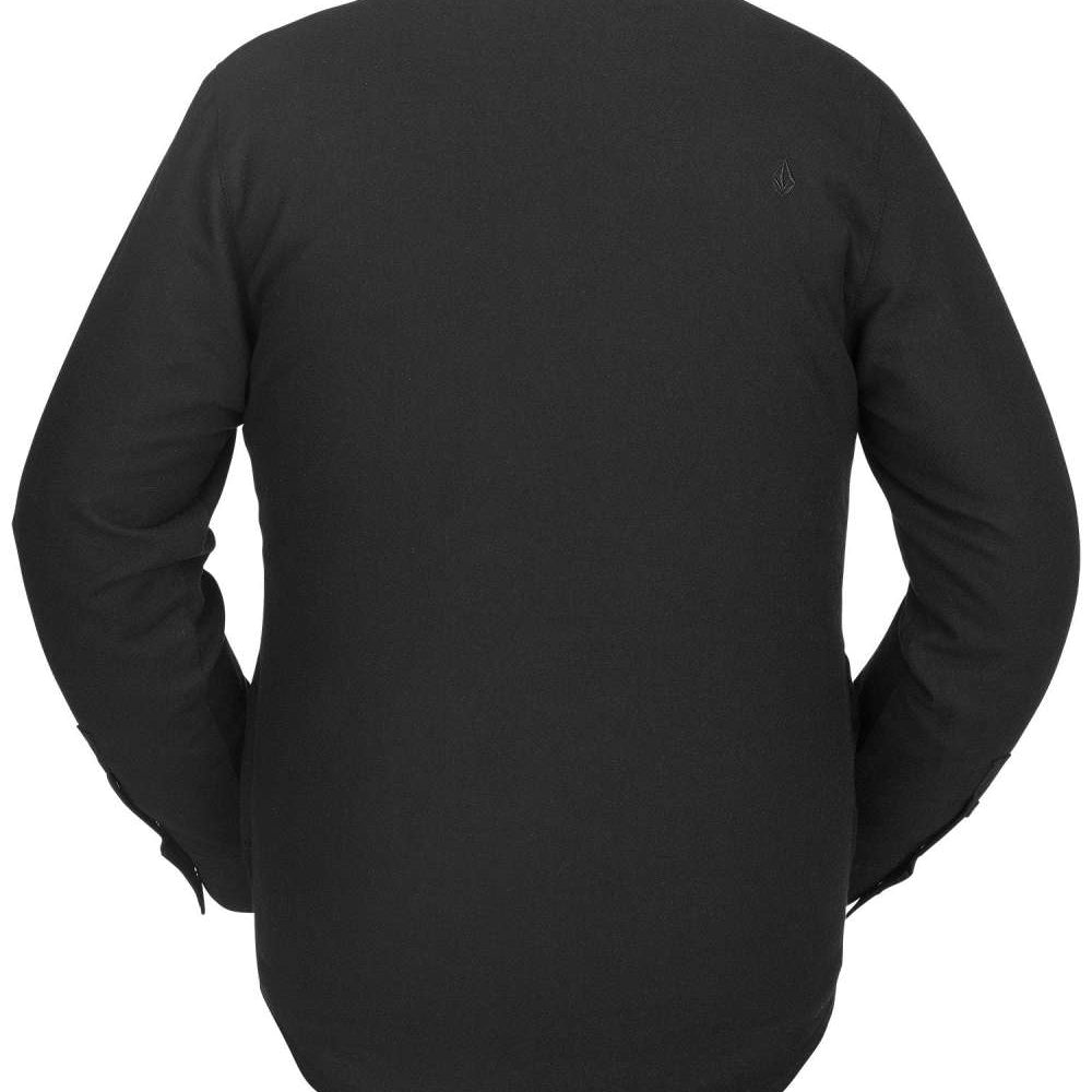 Volcom Sherpa Flannel Jacket - A dark gray flannel jacket with a subtle sheen, featuring a small embroidered logo on the upper right side of the back.