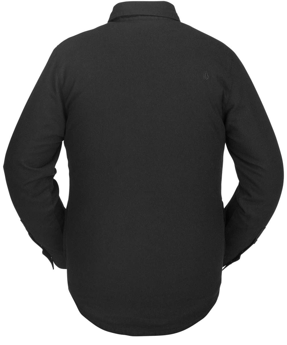 Volcom Sherpa Flannel Jacket - A dark gray flannel jacket with a subtle sheen, featuring a small embroidered logo on the upper right side of the back.